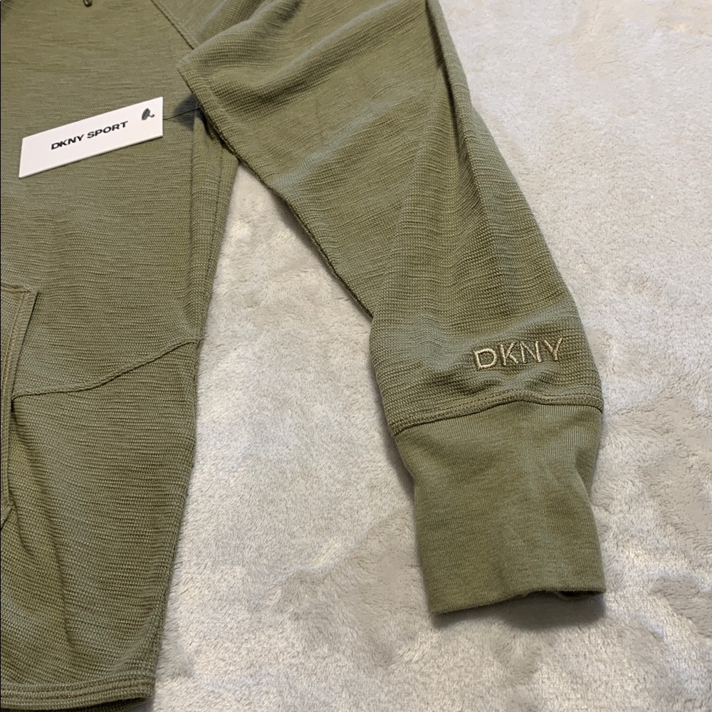 DKNY‎ Slub Waffle Knit Zip Front Hoodie NWT Medium Green Lightweight Cotton/Poly - Picture 6 of 16